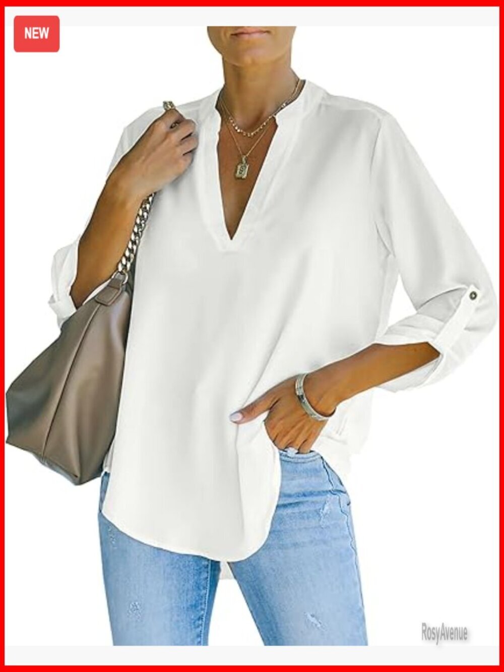 Casual V Neck Blouse with Cuffed Sleeves Loose Fit Work Top Tunic Shirt